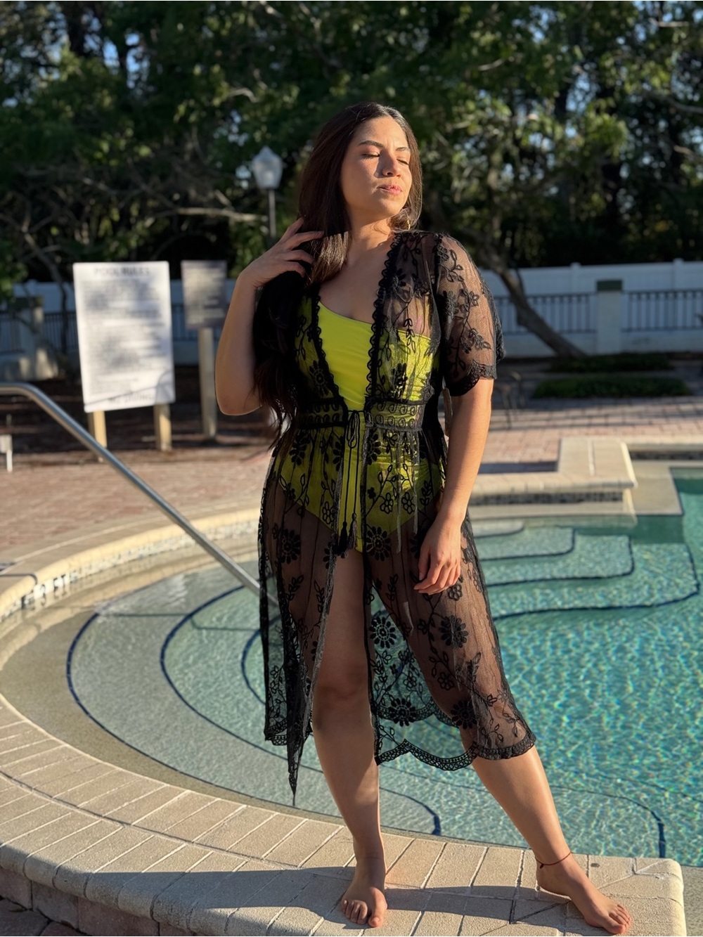 Black Floral Lace Swim Cover-Up with Neon Yellow Swimsuit